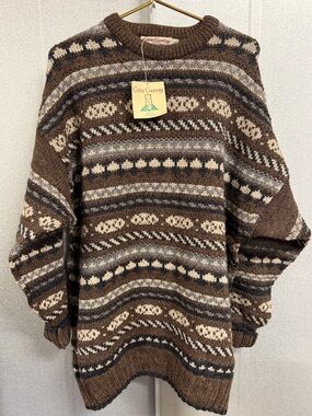 Celtic Country Ireland Wool Sweater Fair Isle Chunky Brown XL